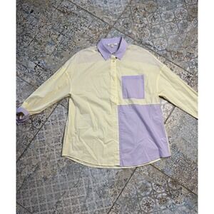 Lalavon Colorblock Button Up Shirt Women's Medium Yellow Purple Long Sleeve